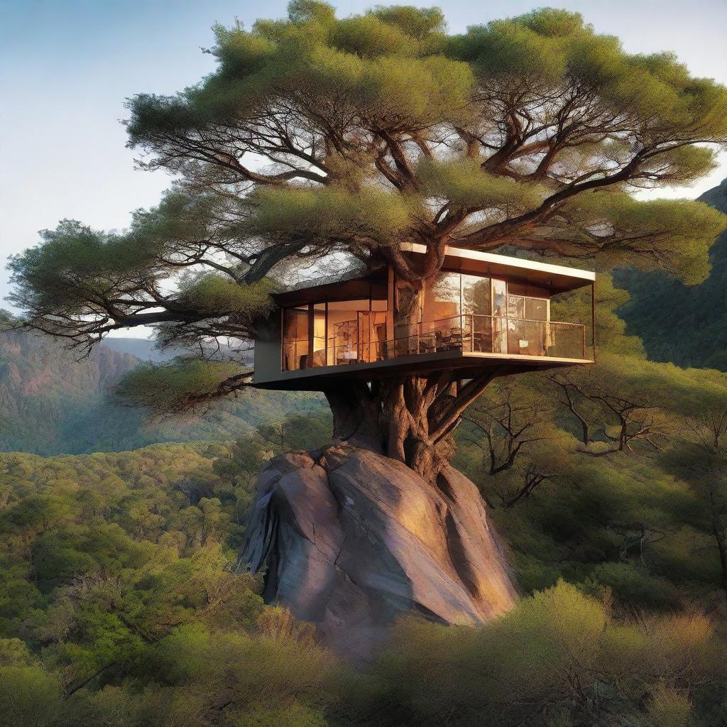 Secluded house perched atop a sturdy tree, surrounded by vast, untouched wilderness