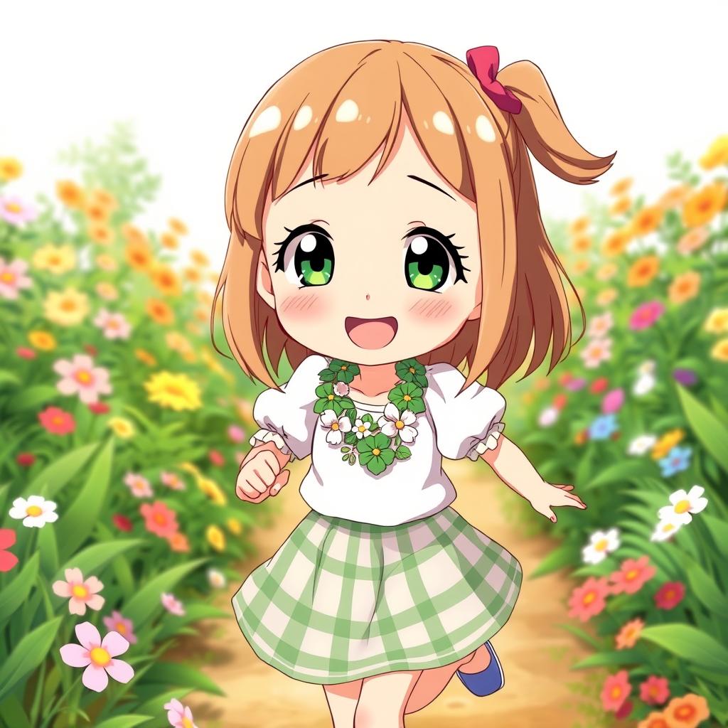 An anime-style illustration of a joyful 6-year-old girl named Taffy, with straight, light brown hair styled in bangs and an innocent, cheerful face