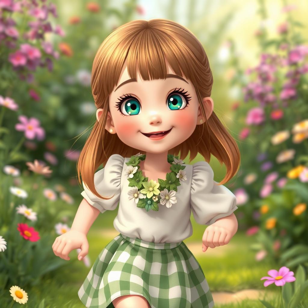 A beautiful 6-year-old girl named Taffy with straight, light brown hair styled in bangs and an innocent, cheerful face