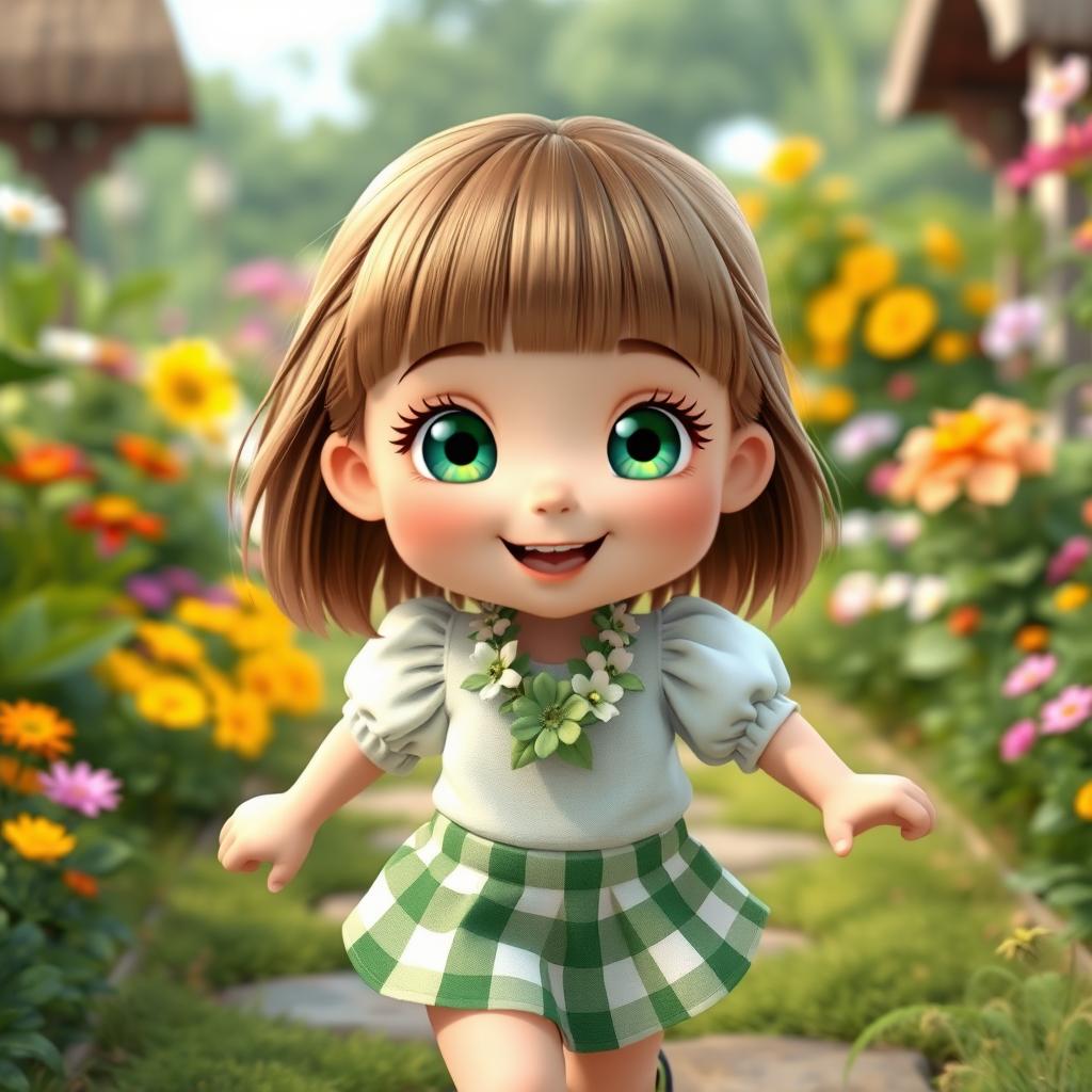 A cute and cheerful 6-year-old girl named Taffy with straight, light brown hair styled in bangs and an innocent, joyful expression