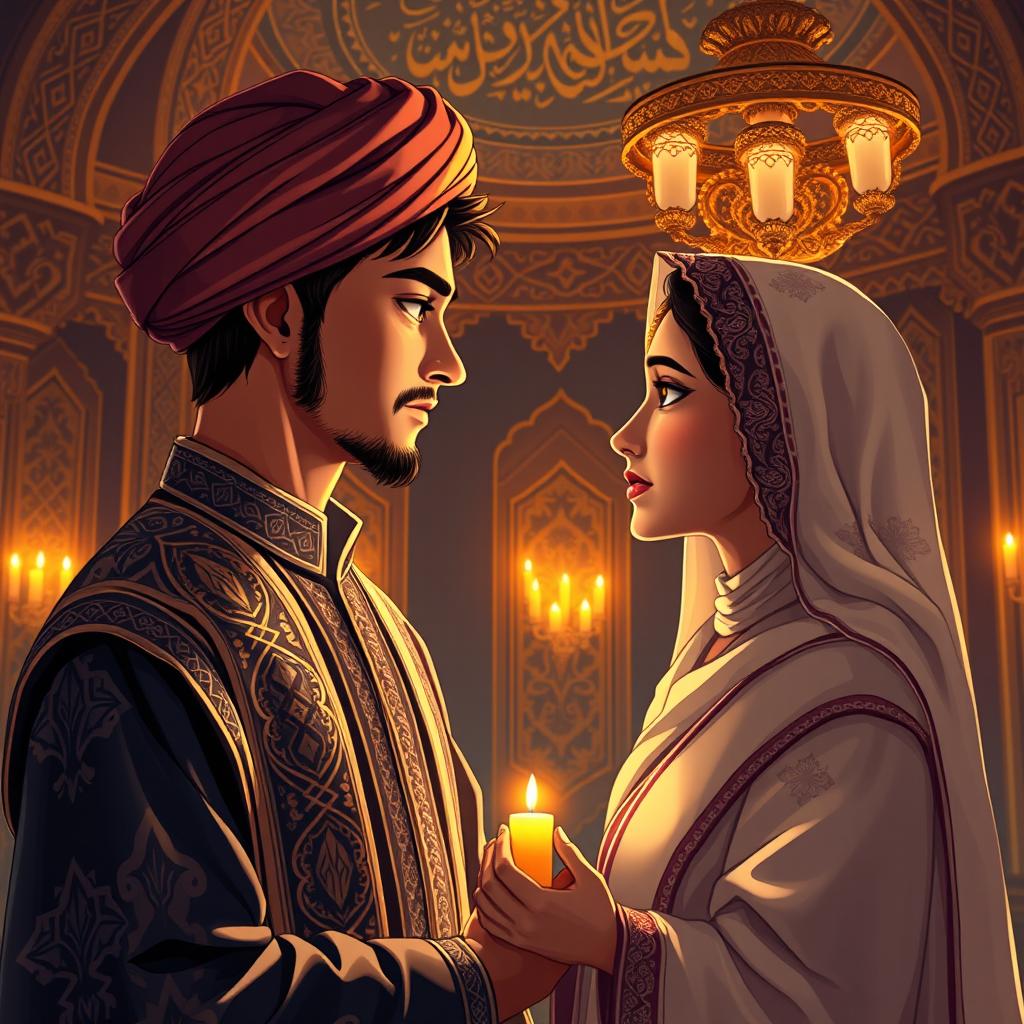 A horizontal digital illustration depicting the magical moment of first glance between the young, attractive mystic Nizam-Din Kubri and the refined Fatima
