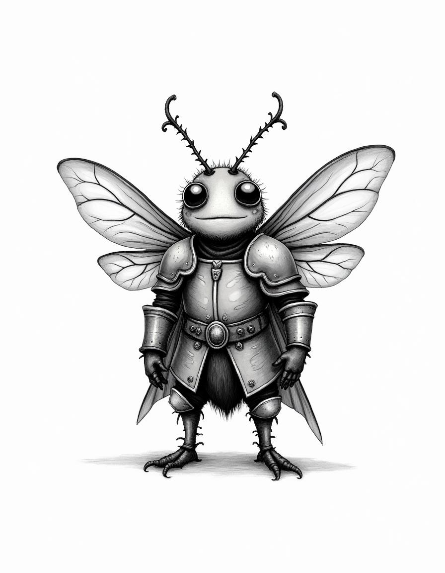 A hand-drawn style illustration of a personified flying beetle dressed in medieval warrior attire