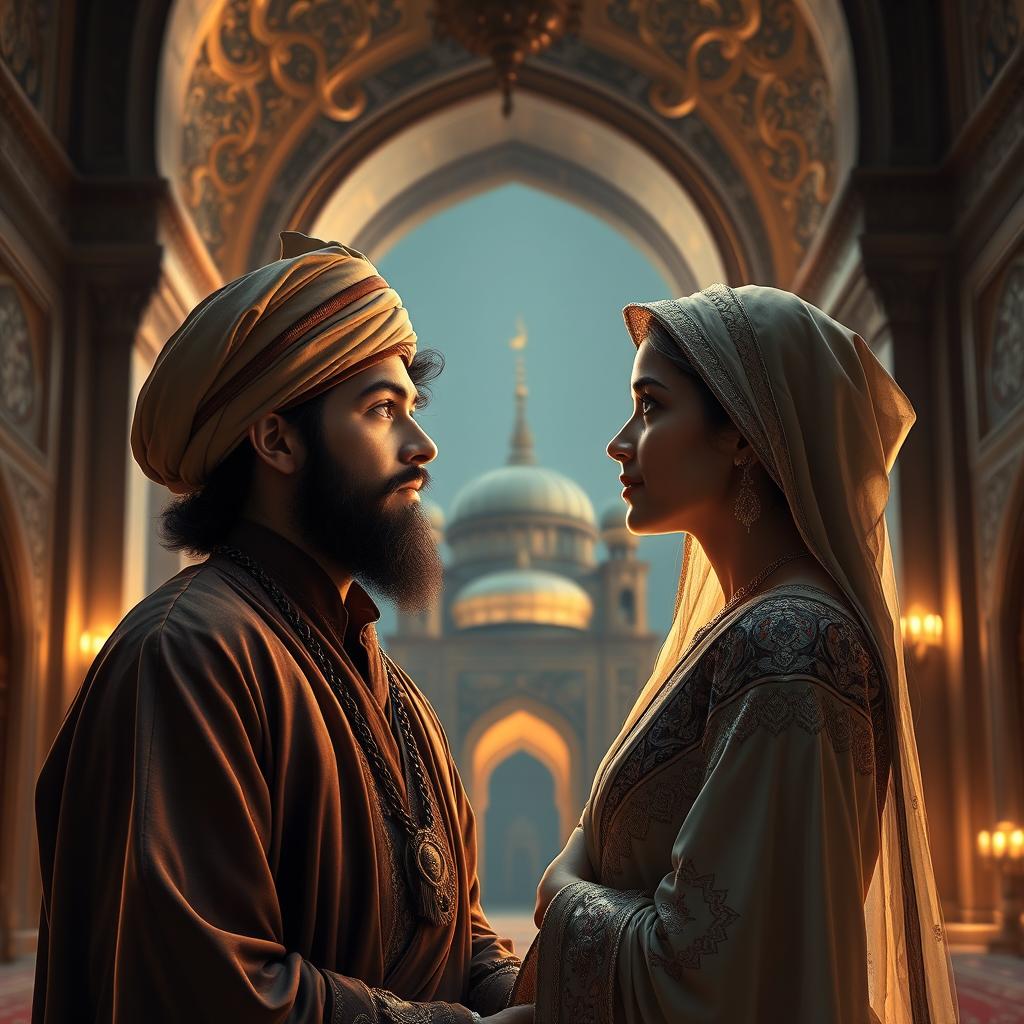 A horizontal ultra-realistic digital painting capturing the magical moment of the first encounter between a youthful, attractive mystic (representing Nizam-Din Kubri) and the refined Fatima