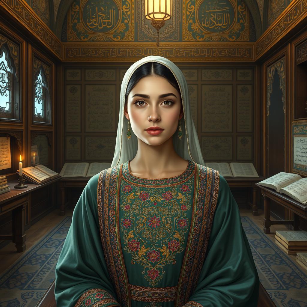 A horizontal ultra-realistic digital painting set in an ancient study room in historical Bukhara, filled with intricate woodwork, ancient manuscripts, and delicate calligraphic inscriptions on the walls