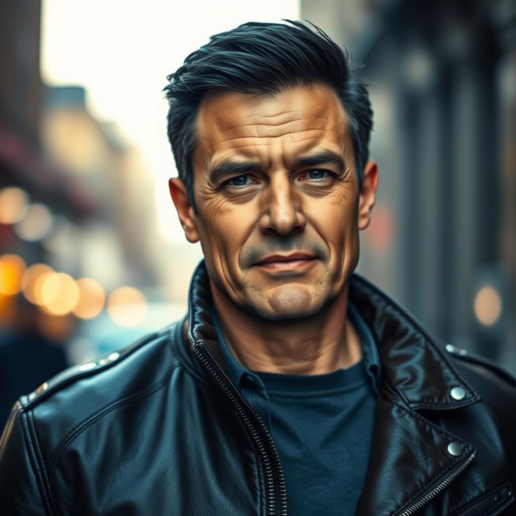 A portrait of a middle-aged man with a confident expression, wearing a stylish leather jacket