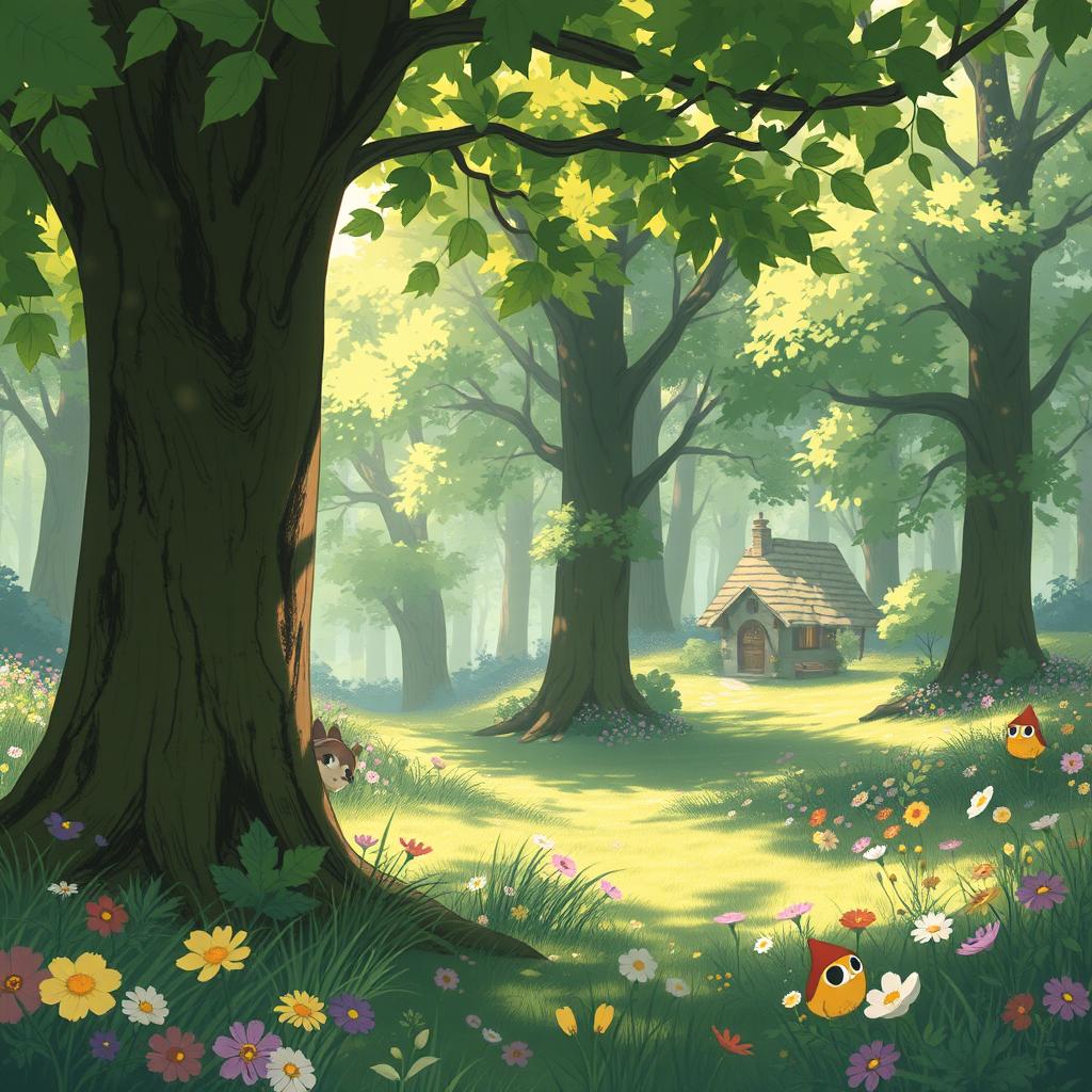 A magical forest scene in the style of Studio Ghibli, featuring lush green trees, whimsical creatures, and vibrant flowers