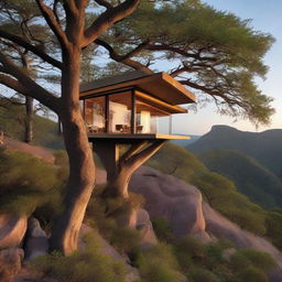 Secluded house perched atop a sturdy tree, surrounded by vast, untouched wilderness