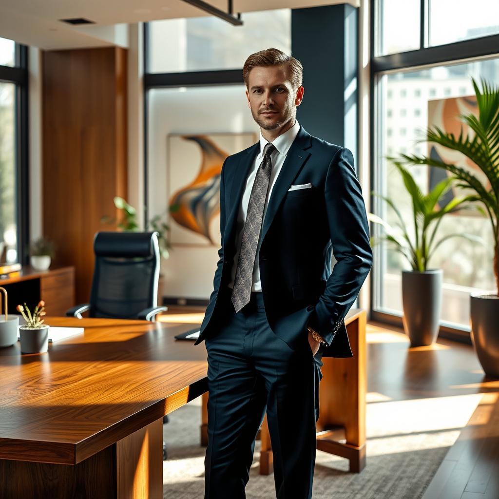 A sophisticated office environment featuring an elegant workspace with modern furniture