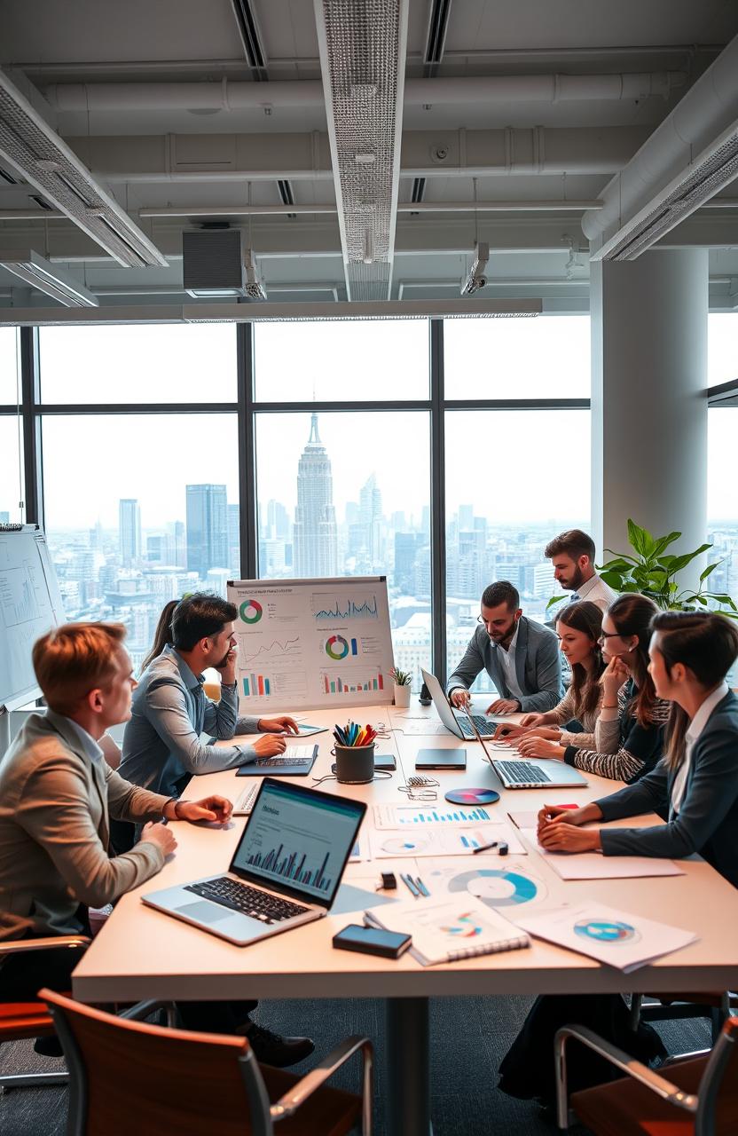 A modern office workspace showcasing the entrepreneurial spirit, with individuals engaged in discussions, brainstorming ideas, and analyzing market data
