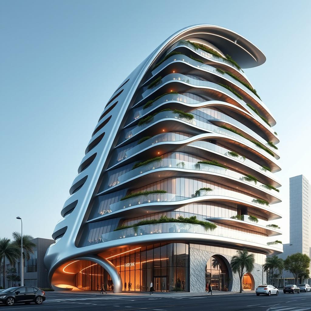 A futuristic 15-story building with a dynamic form that stretches towards the sky
