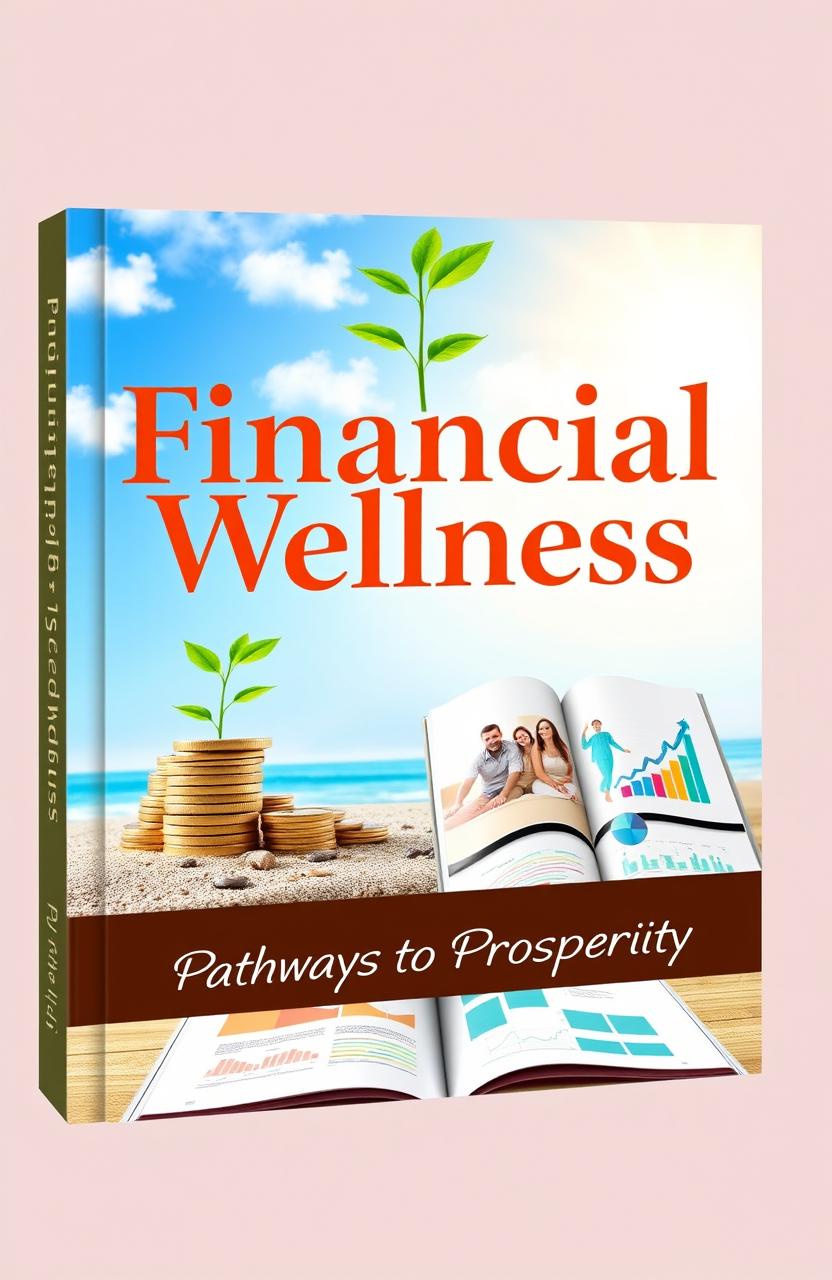 A visually appealing cover design for a financial wellness book, featuring elements that symbolize financial growth and stability, such as a growing plant from a stack of coins, a happy family on a beach with relaxation symbols, and an open book showing colorful graphs and charts