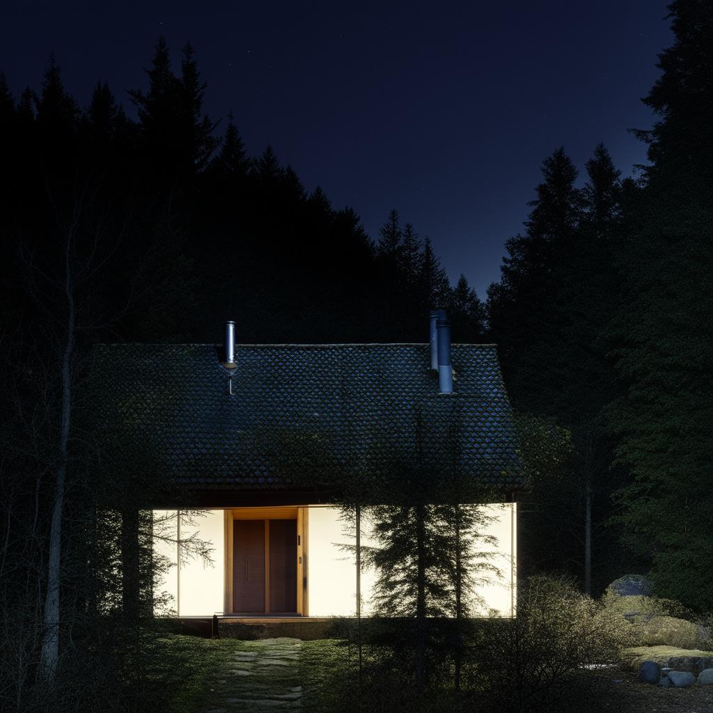 A cozy, illuminated house starkly contrasting with the surrounding darkness