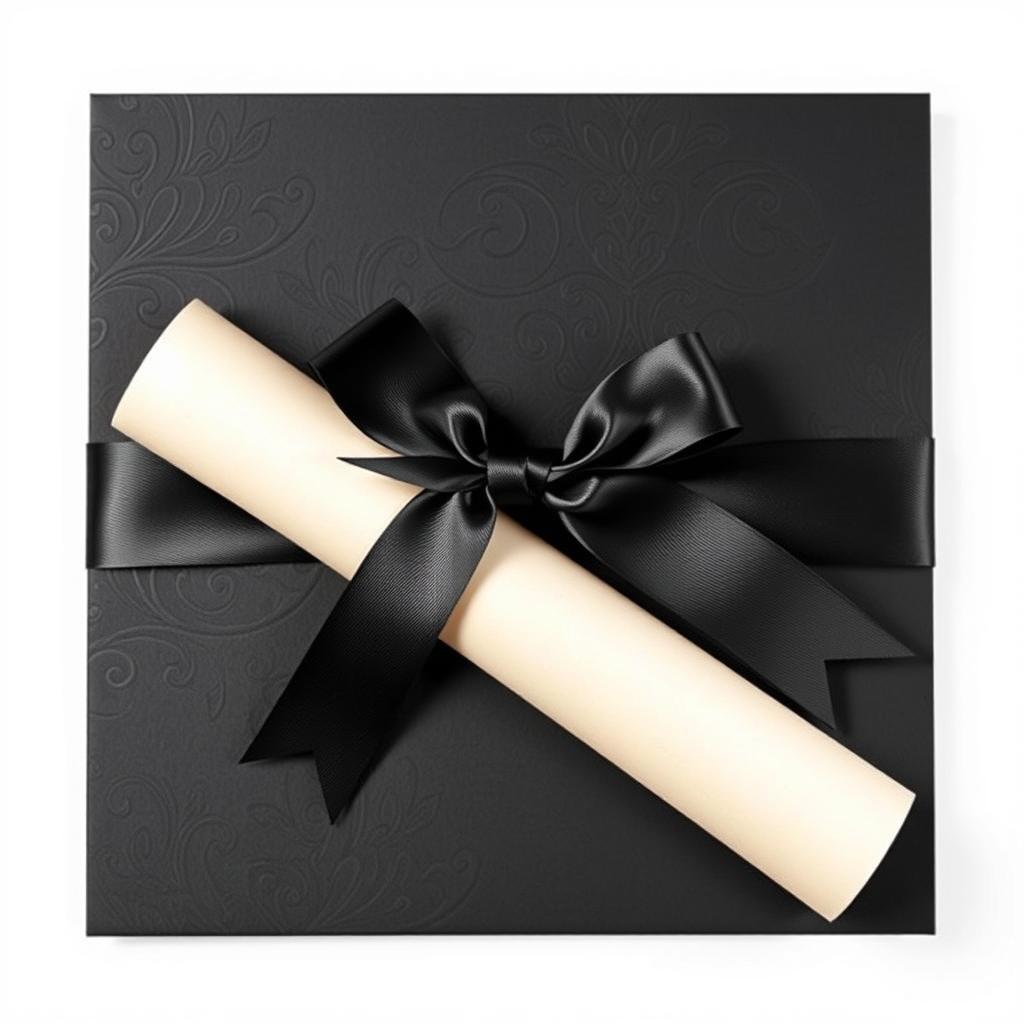 A flat black invitation with a beautiful ribbon tied around it, featuring a rolled parchment style paper that gives it an elegant scroll appearance