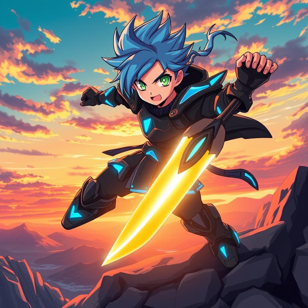 A dynamic anime character design featuring a heroic young fighter, with spiky blue hair and piercing green eyes, wearing a futuristic armor that glows with neon blue accents