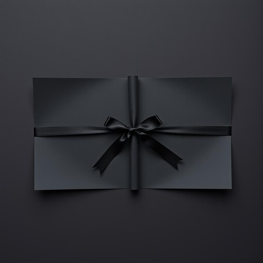 A flat black invitation with a tied ribbon, featuring a scroll-like design where the paper is rolled from both ends