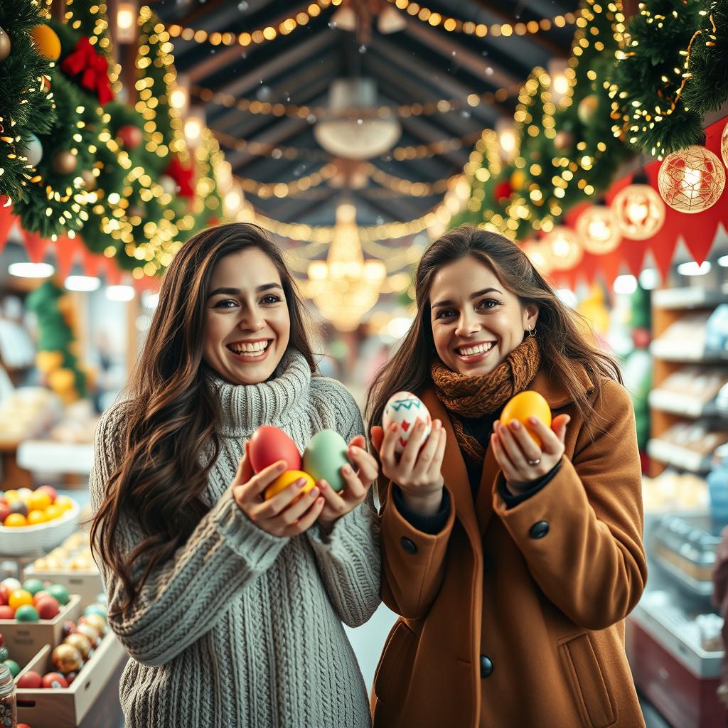 A beautifully decorated Christmas bazaar scene with two individuals joyfully holding colorful Easter eggs