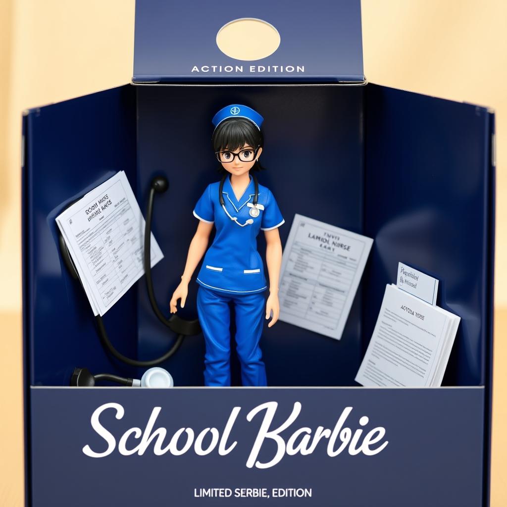 An anime-style action figure of a school nurse in a cobalt blue scrub suit featuring the Ateneo logo, complete with rectangular glasses and white shoes