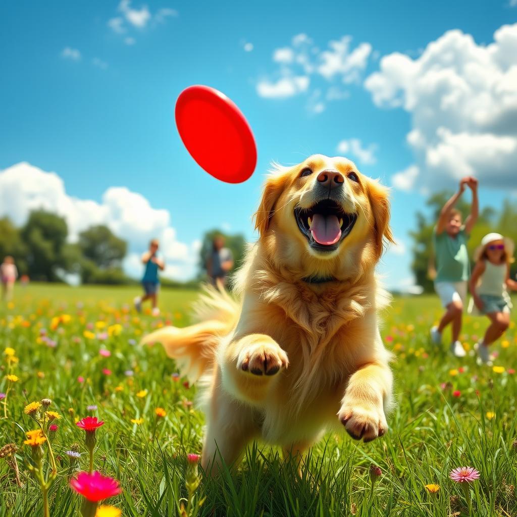 A happy golden retriever playing fetch in a sunny park, surrounded by vibrant green grass and colorful wildflowers