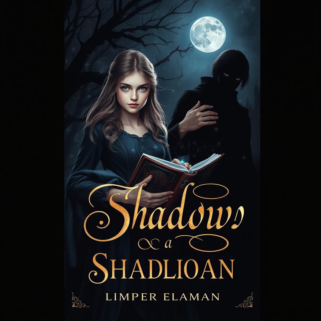 A dark fantasy book cover design featuring a color palette of dark tones (black, gray, blue) accented with gold and silver