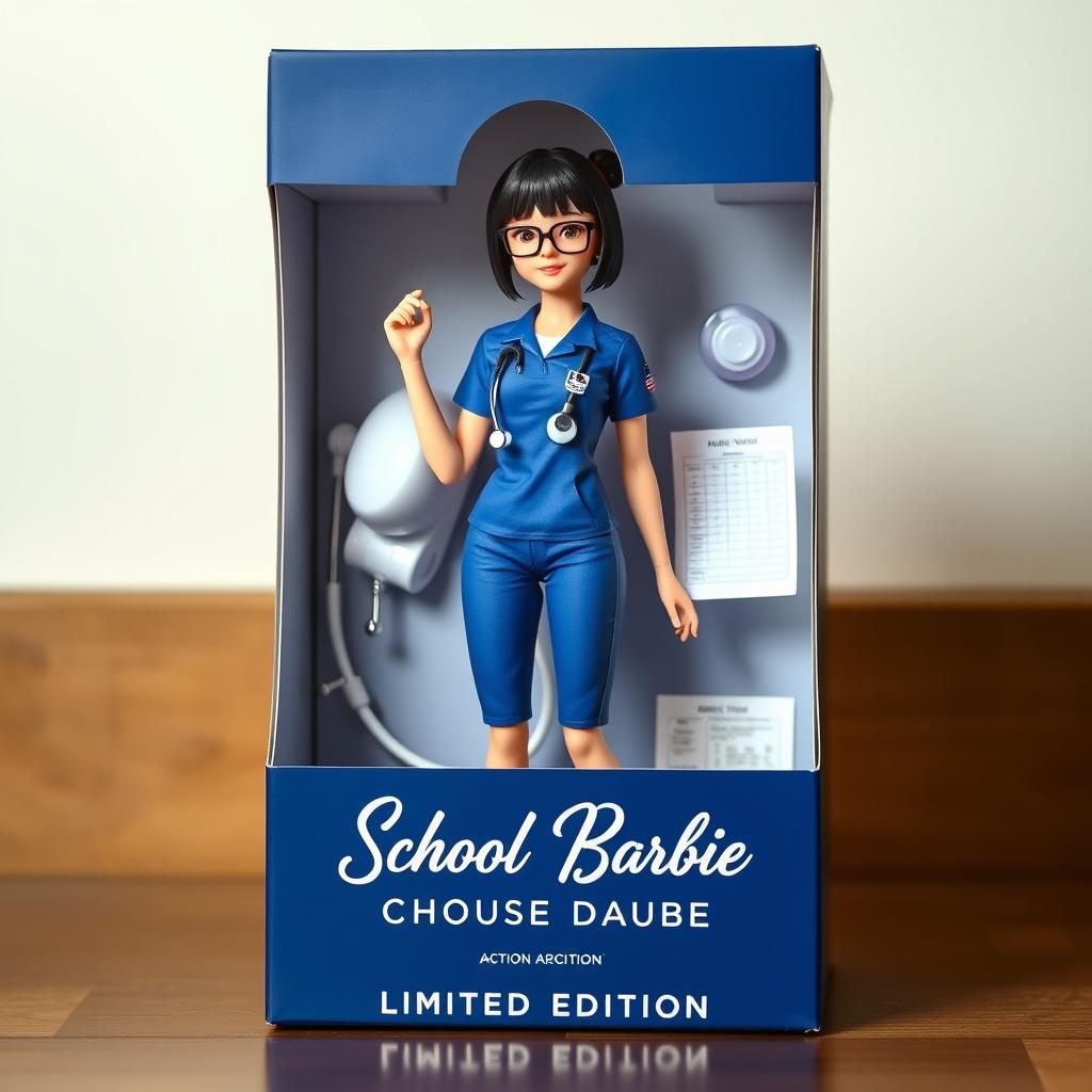 An anime-style action figure of a school nurse in a cobalt blue scrub suit adorned with the Ateneo logo, featuring rectangular glasses and stylish white shoes