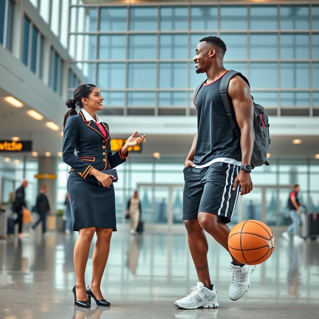 A stylish and engaging scene featuring a flight attendant and a basketball player interacting at an airport terminal