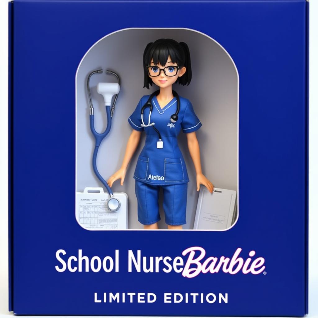An anime-style action figure representing a school nurse, dressed in a cobalt blue scrub suit embellished with the Ateneo logo, wearing rectangular glasses and white shoes