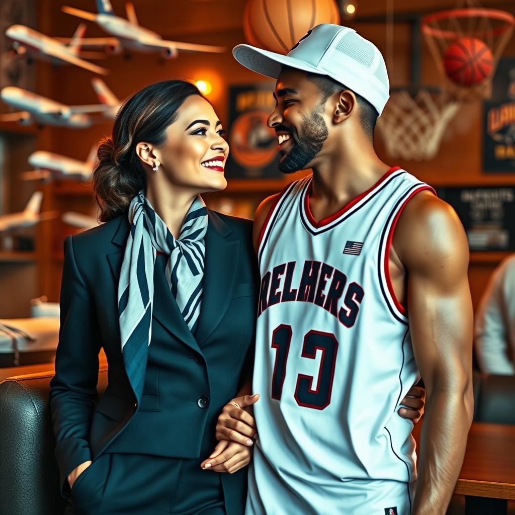 A romantic scene depicting a flight attendant and a basketball player as lovers