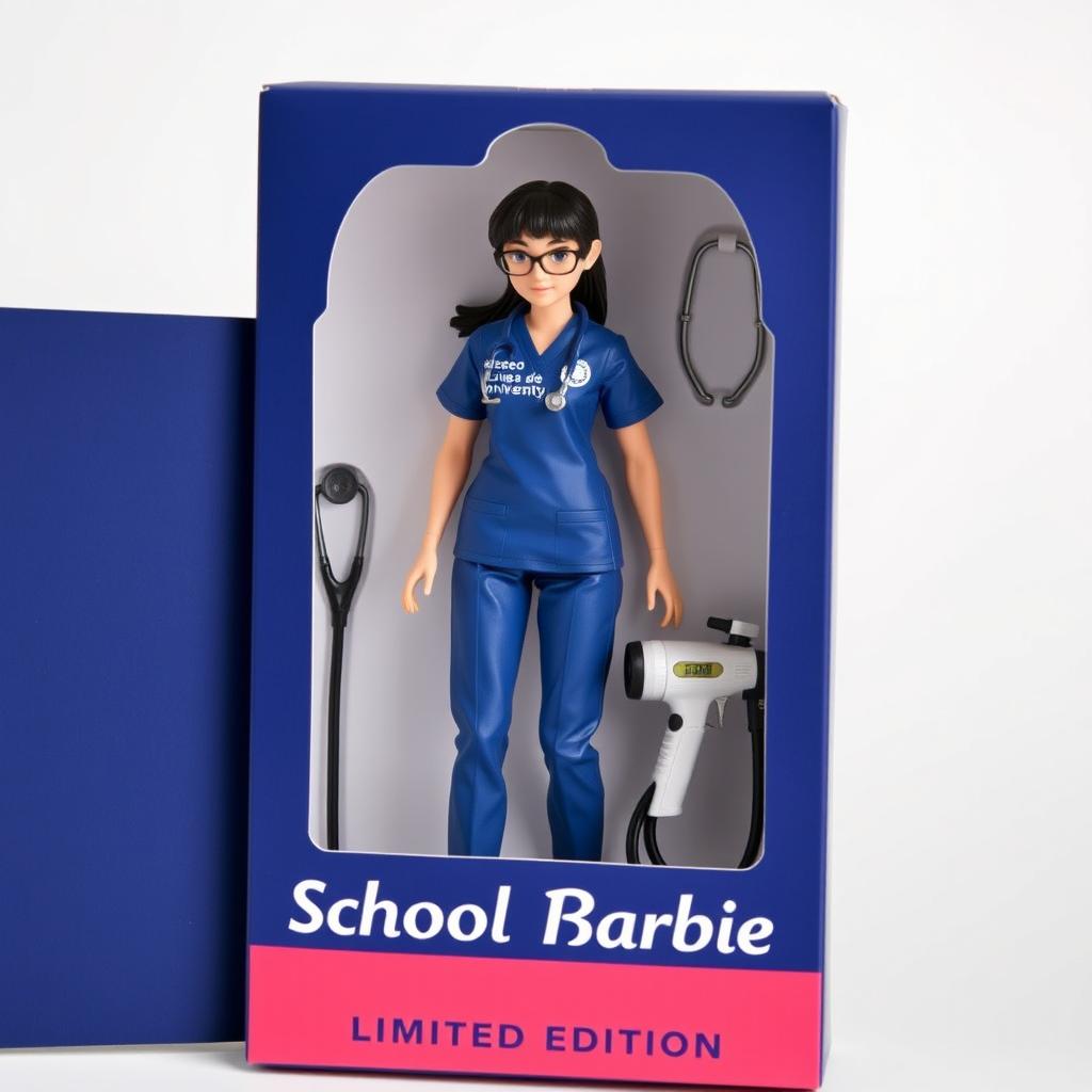 An anime-style action figure of a school nurse, adorned in a cobalt blue scrub suit featuring the Ateneo de Davao University logo, complete with rectangular glasses and stylish white shoes