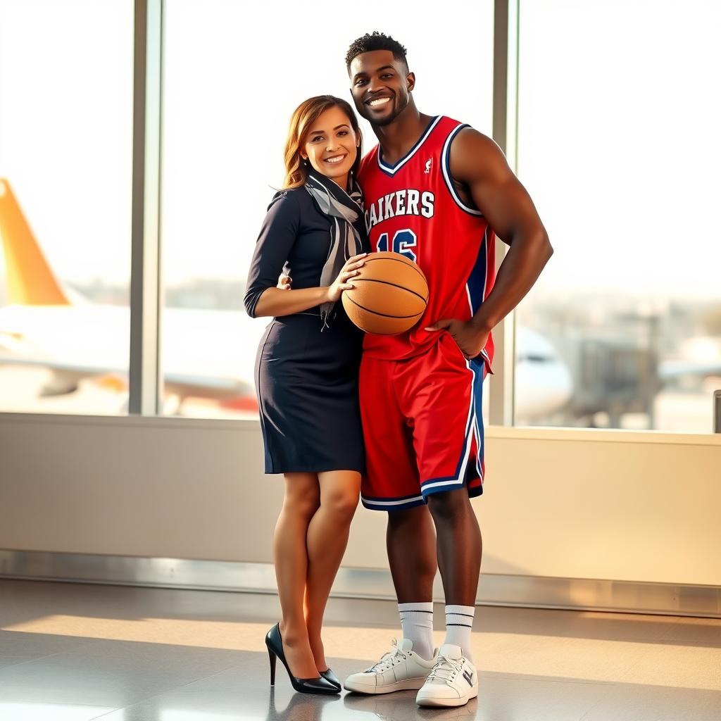 A romantic scene featuring a flight attendant and a basketball player as a couple