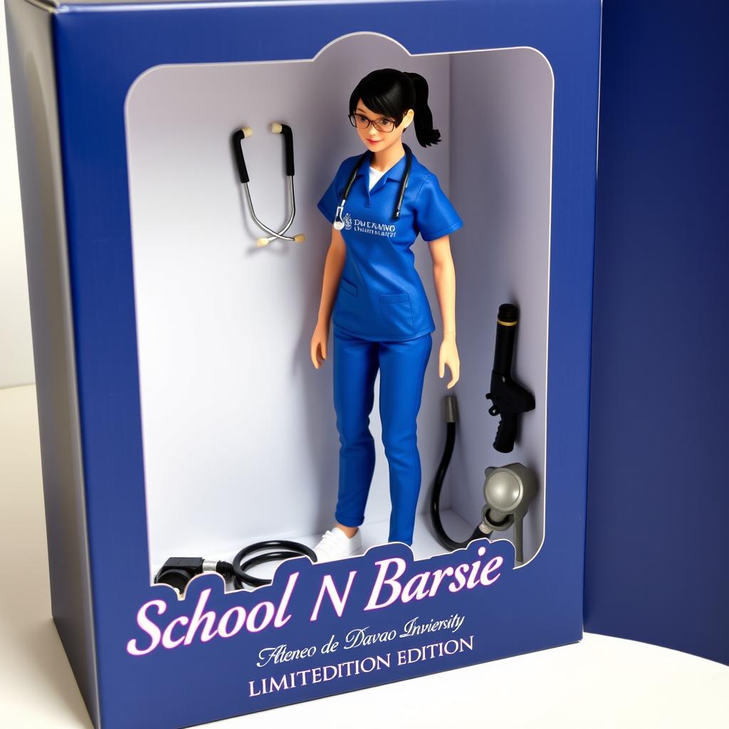 An anime-style action figure of a school nurse, dressed in a cobalt blue scrub suit featuring the Ateneo de Davao University logo, complete with rectangular glasses and white shoes