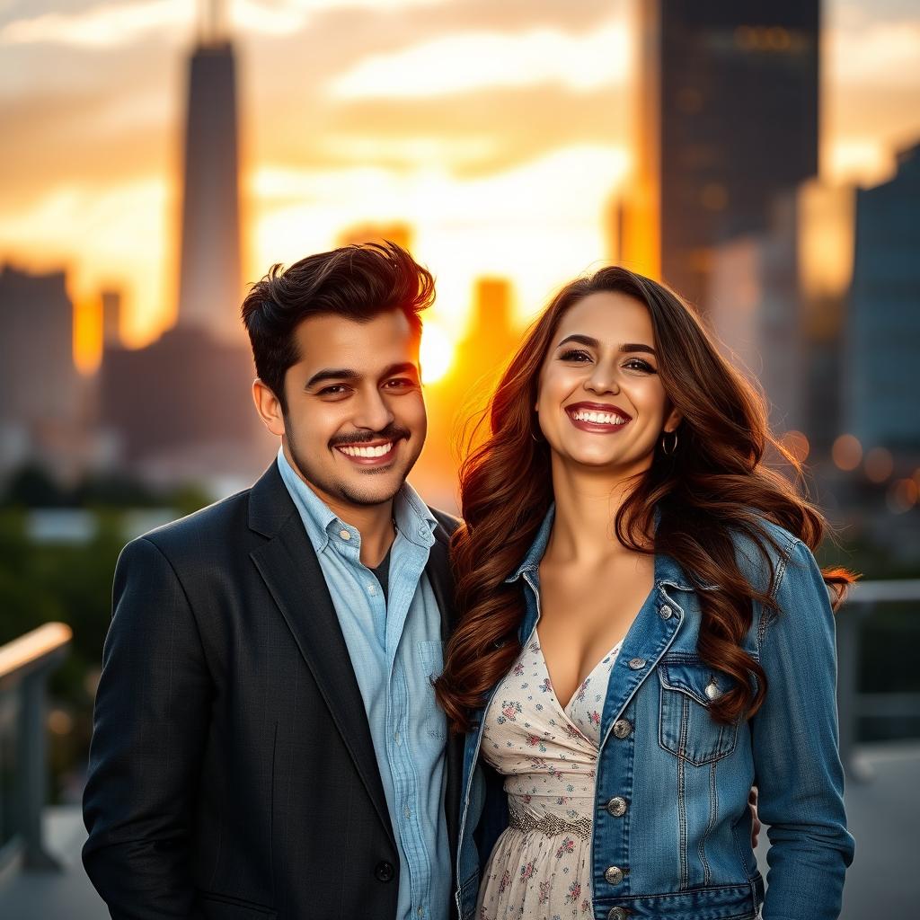 A confident man and a stylish woman standing together in an urban setting