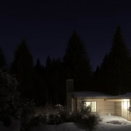 A cozy, illuminated house starkly contrasting with the surrounding darkness