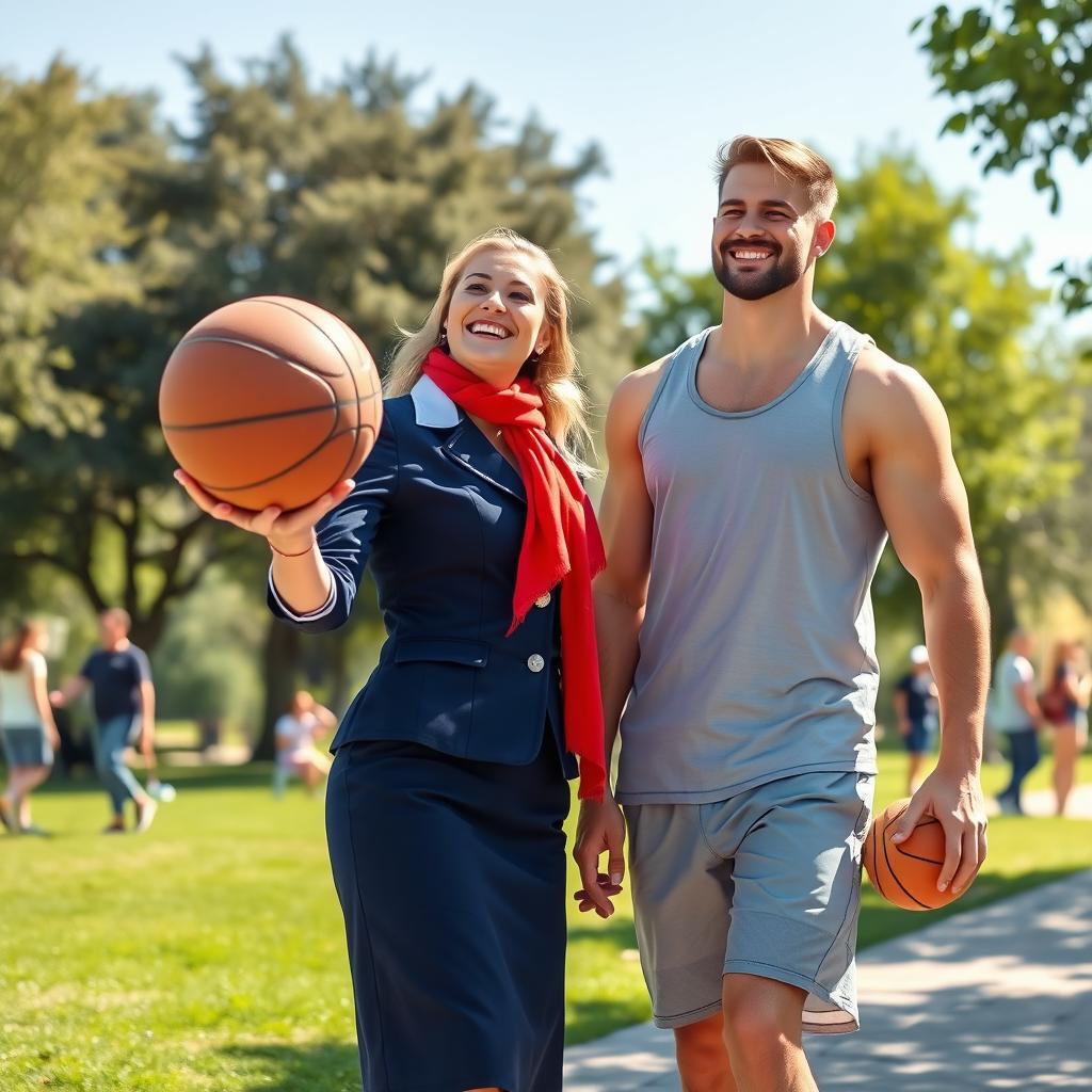 A charming scene depicting a flight attendant and a tall, athletic white basketball player couple enjoying a sunny day at an outdoor park