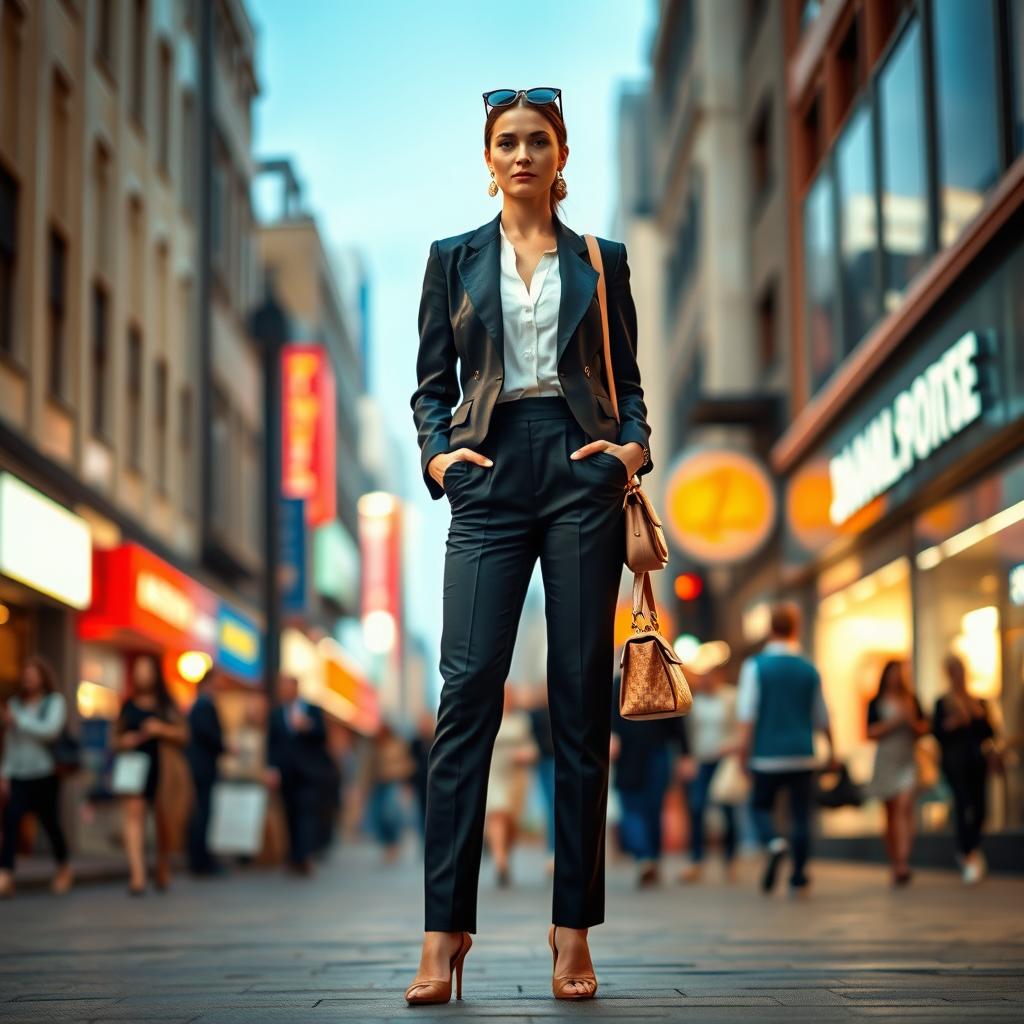 A fashionable woman standing confidently in a bustling urban environment, dressed in a stylish and elegant outfit