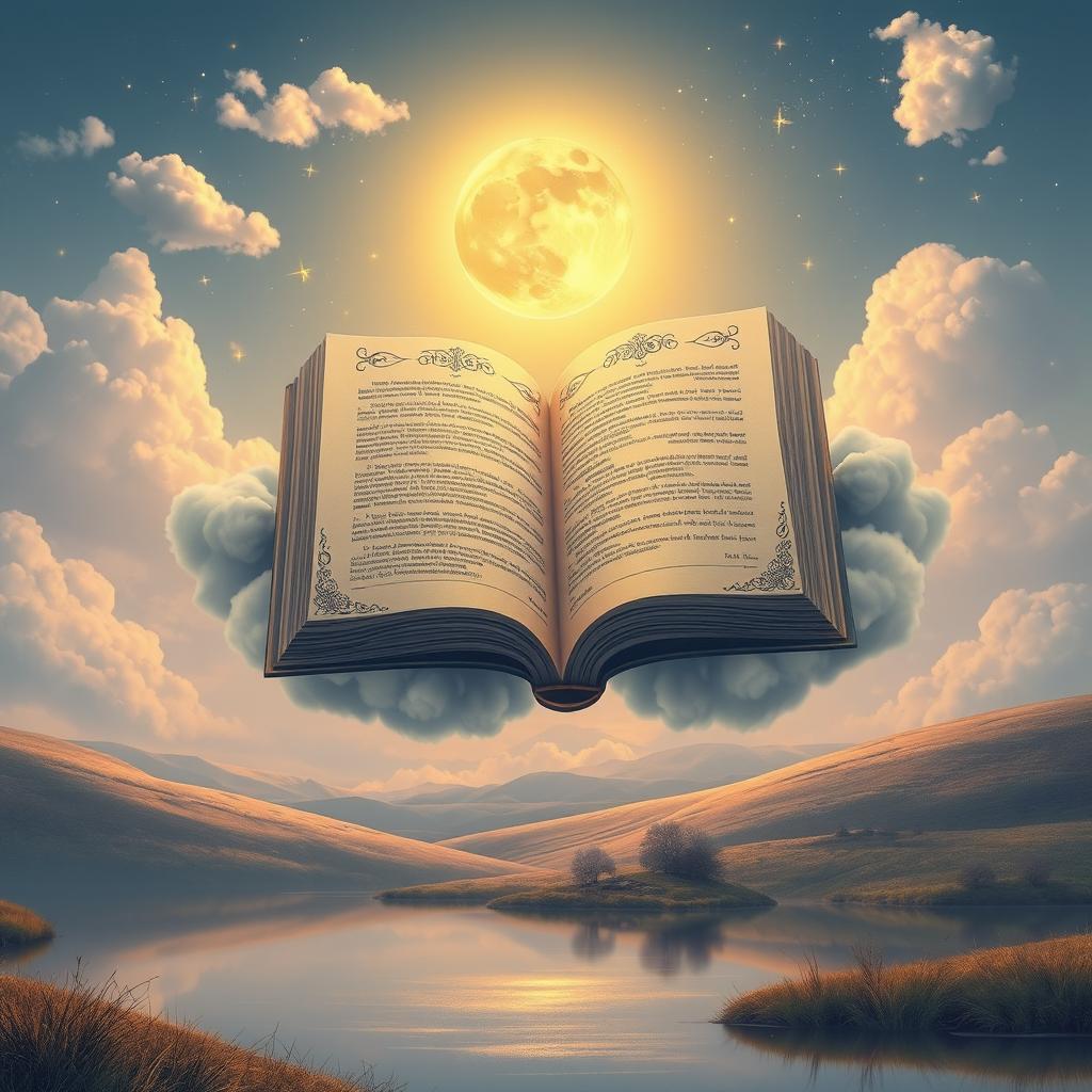 An ethereal, dreamy scene of an open book floating in a serene sky, pages gently turning as if caressed by the wind