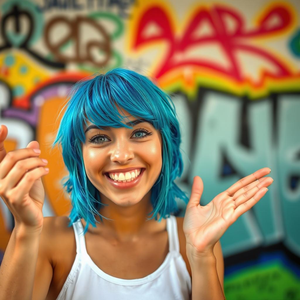 A close-up of a smiling young woman with vibrant blue hair, nodding with enthusiasm