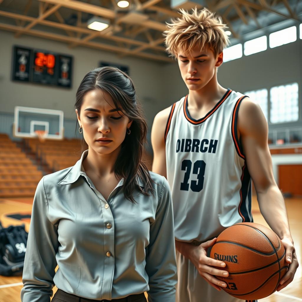 A heartbroken flight attendant and a tall, athletic white basketball player standing on an indoor basketball court