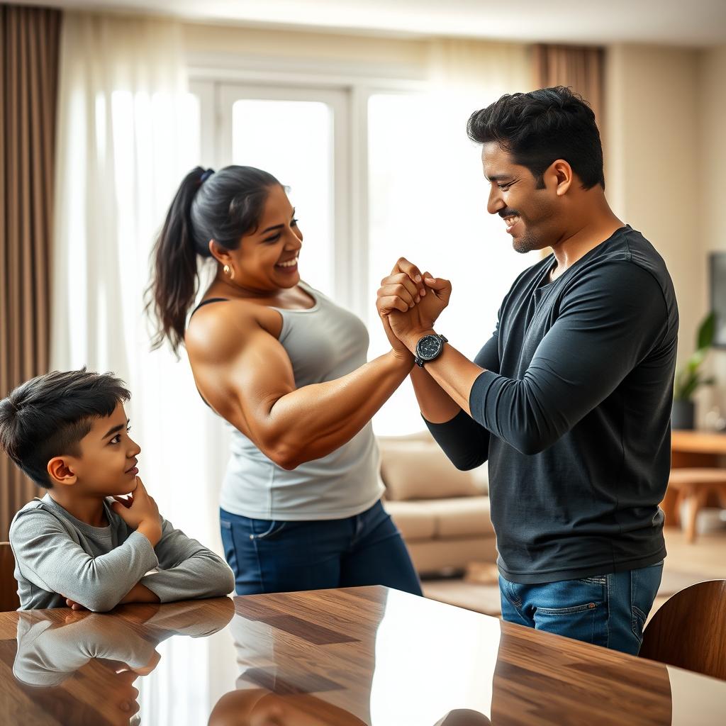 An Indian muscular woman confidently asserting her dominance in a playful and healthy manner over her son