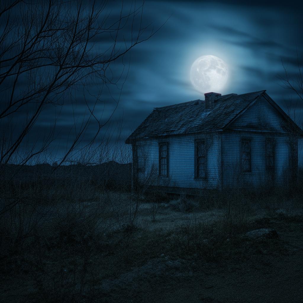 Isolate house in a desolate location during night, bathed in the eerie glow of moonlight, clouded by a foreboding, gloomy atmosphere.