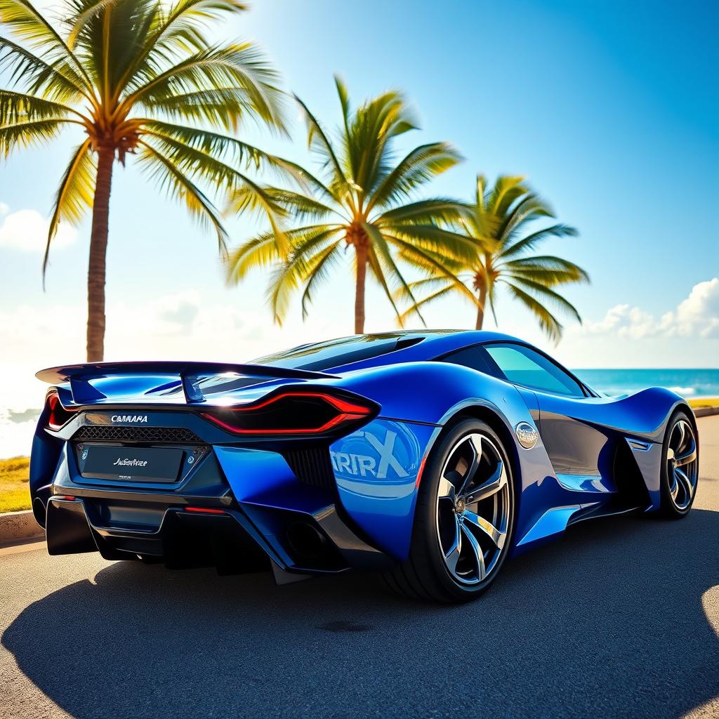 An ultra-modern supercar with a sleek aerodynamic design, vibrant blue color, and futuristic features