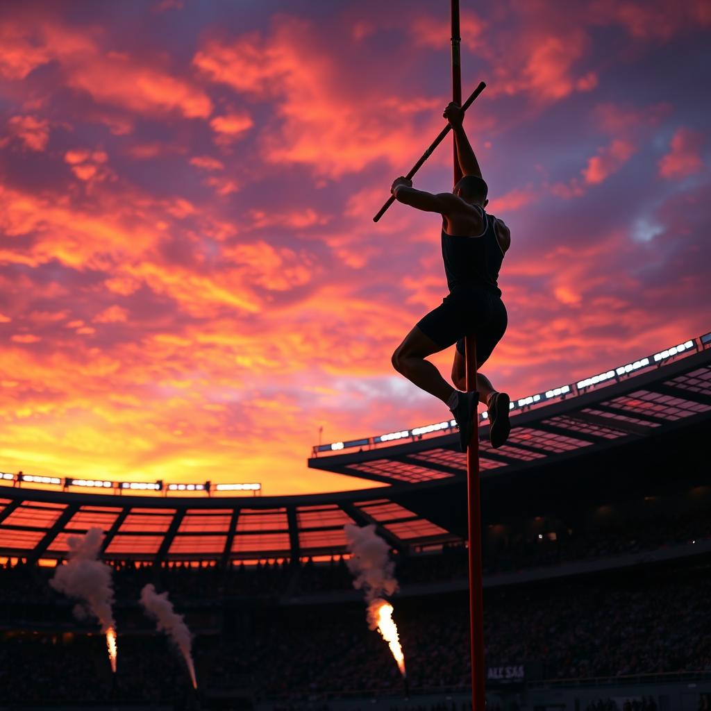 A dramatic scene featuring a pole vault athlete in mid-air as they soar over a high bar, showcasing their athletic form and determination