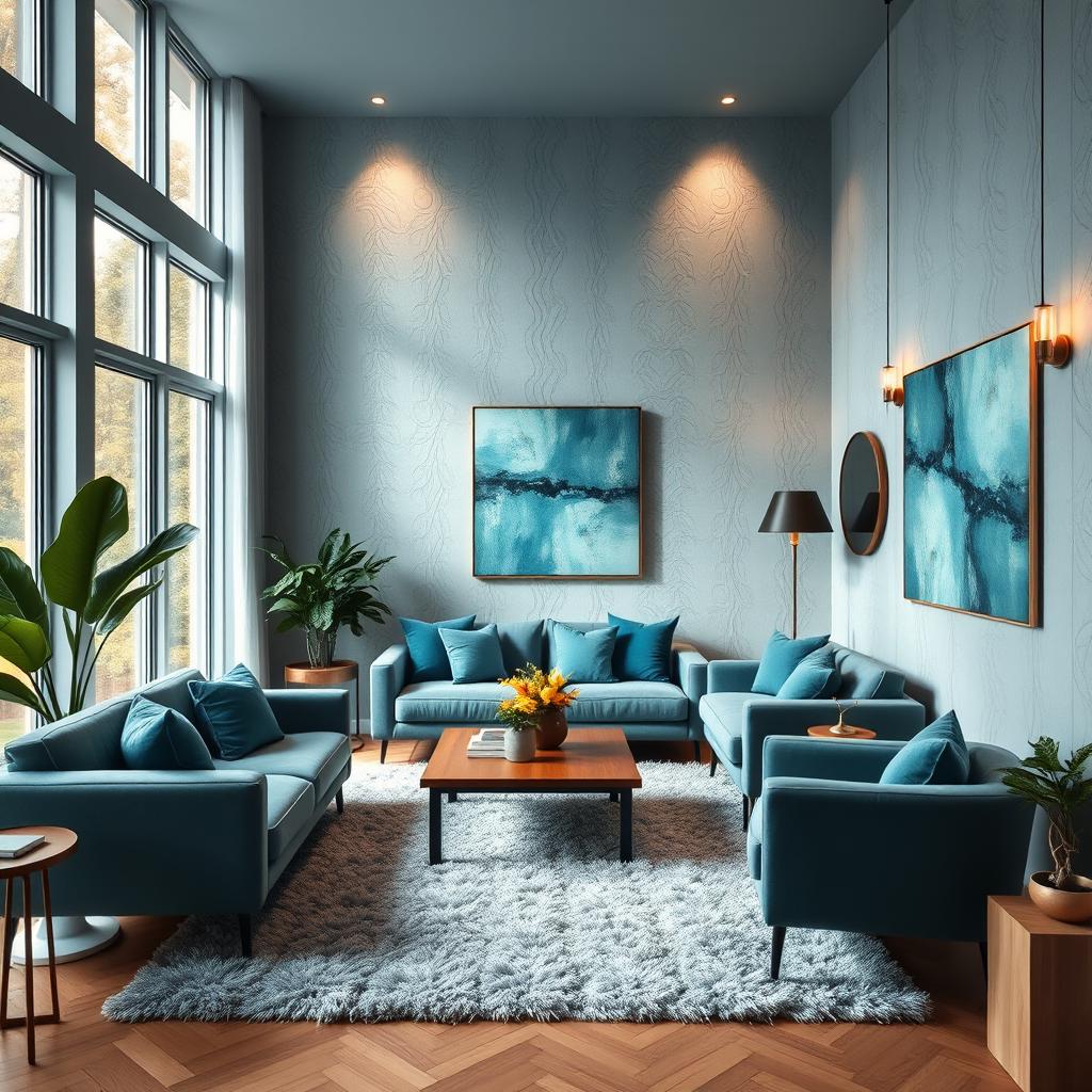 An elegant, modern living room featuring stylish furniture in various shades of aikka Thai blue