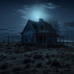 Isolate house in a desolate location during night, bathed in the eerie glow of moonlight, clouded by a foreboding, gloomy atmosphere.