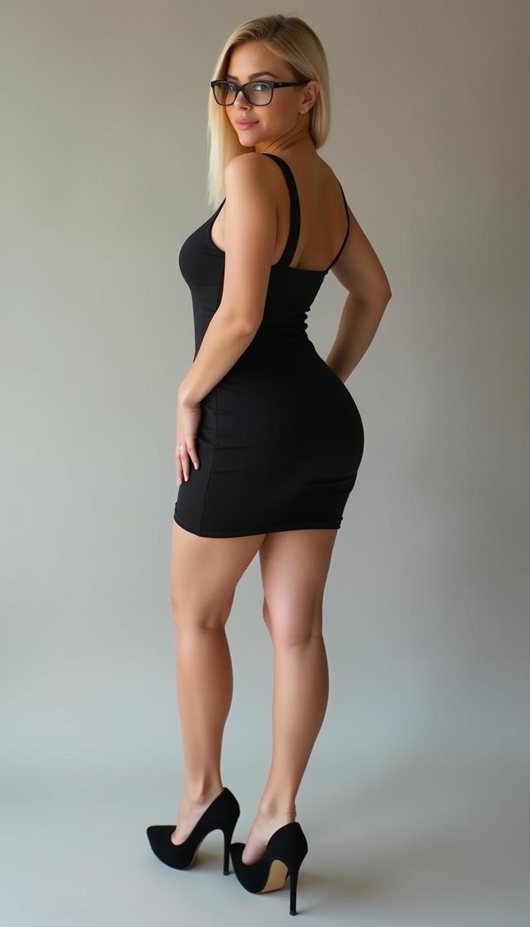 A young Caucasian woman with white skin stands confidently in high platform heels, wearing a stylish mini tight dress that emphasizes her curvy body type