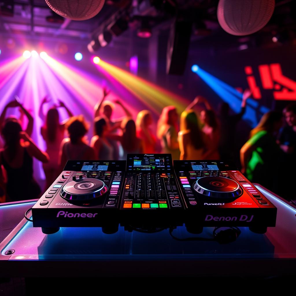 A visually striking image of a DJ setup featuring a Pioneer DJ mixer integrated with Denon DJ equipment
