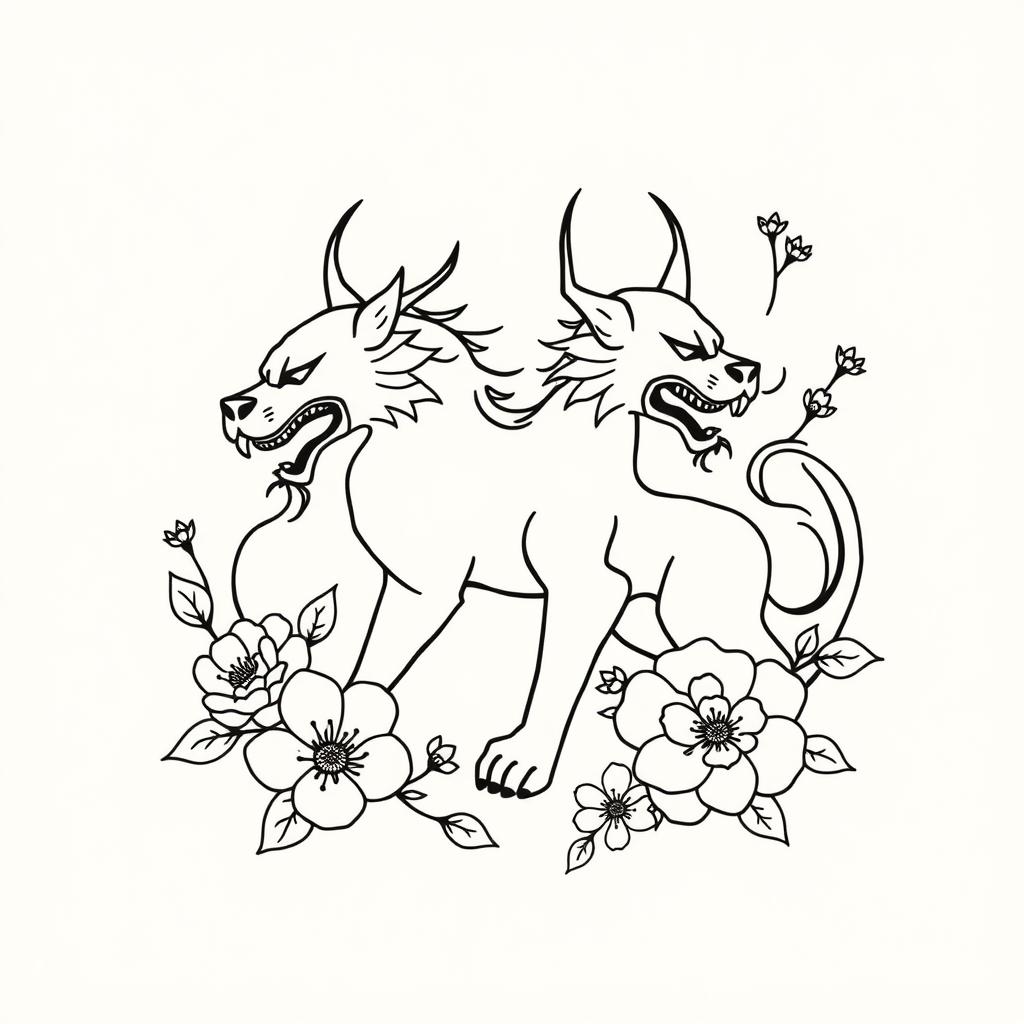 A minimalist tattoo design featuring a black outline of Cerberus, the three-headed dog from Japanese mythology, surrounded by stylized Japanese flowers, such as cherry blossoms and chrysanthemums