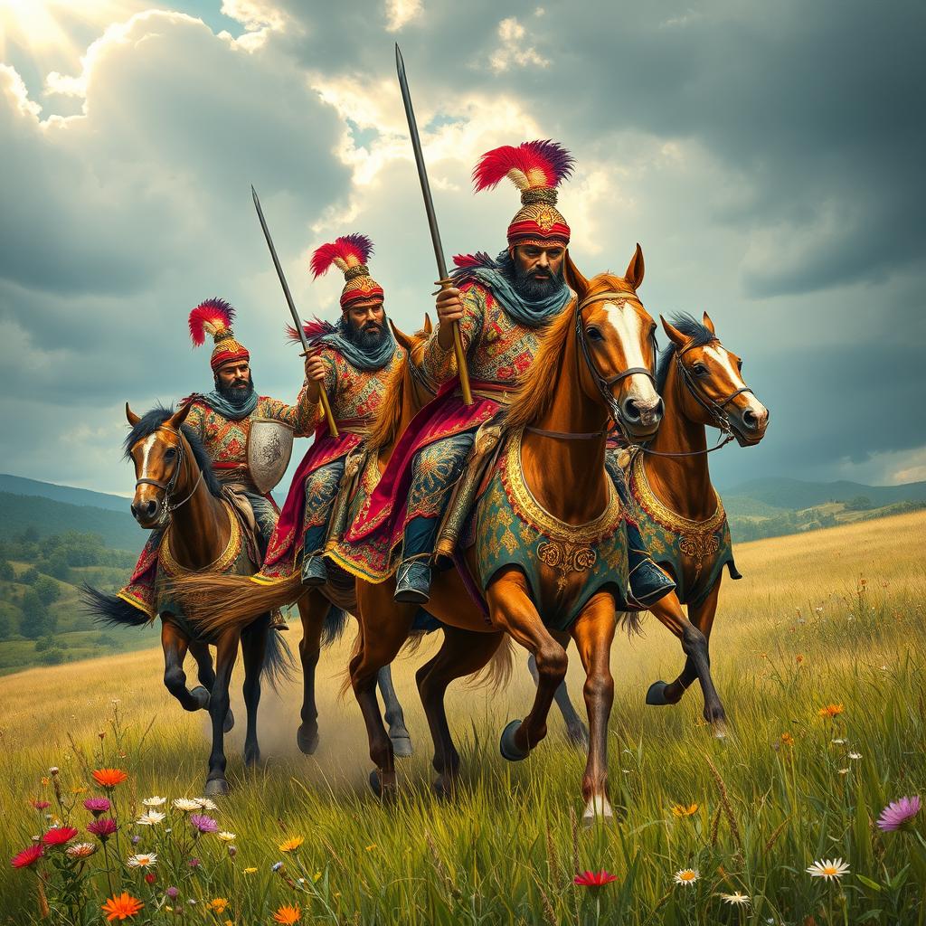 A historic scene depicting the Qızılbaş Cavalry, showcasing richly adorned warriors in vibrant, intricately patterned costumes inspired by Persian art