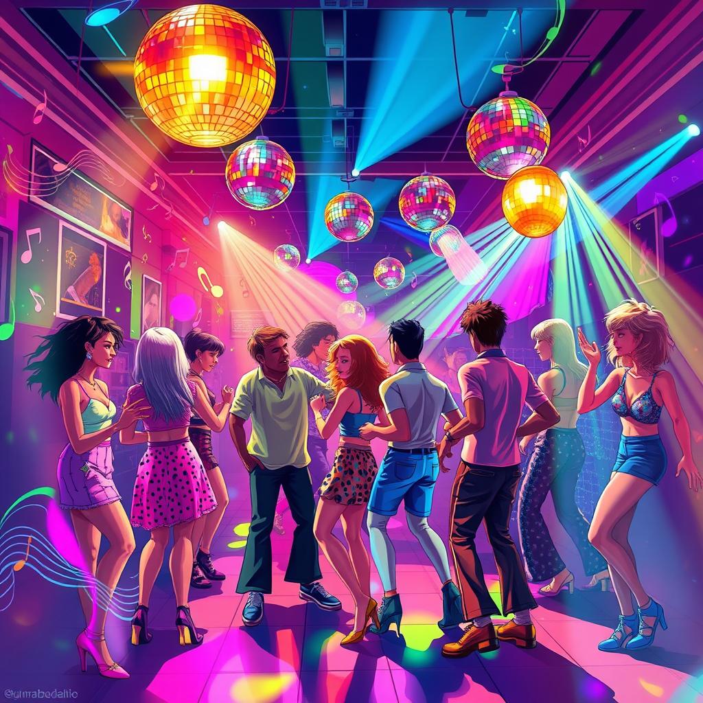 A vibrant and colorful scene depicting a lively disco party blended with the essence of Muum and Waka Sabadell