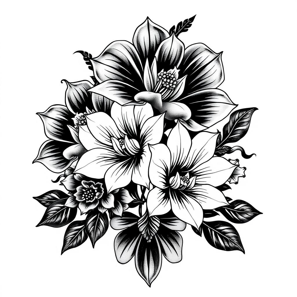 A beautifully intricate black tattoo design featuring Japanese Cerber flowers, showcasing their detailed petals and elegant curves