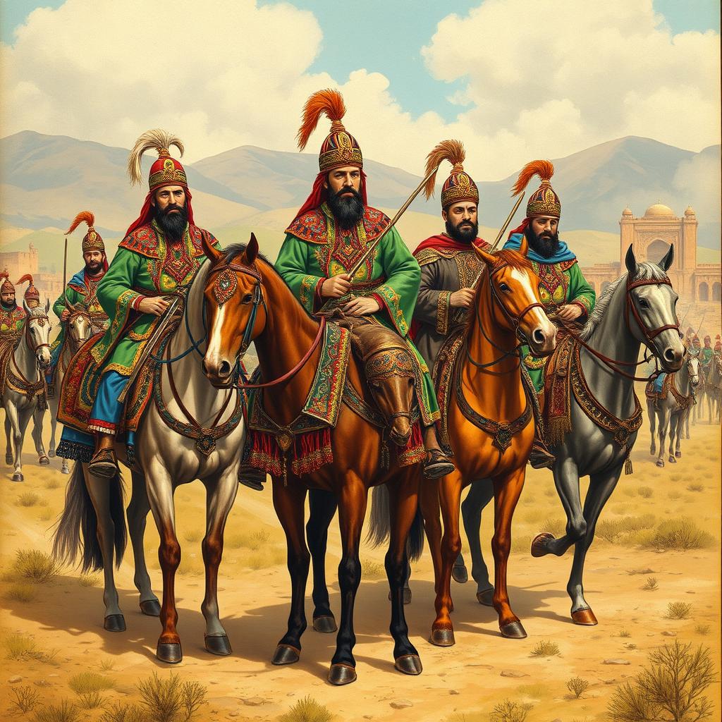 A detailed illustration of Qizilbash cavalry and their noblemen from the 16th century, showcasing their vibrant traditional attire, intricate embroidery, and distinctive headgear